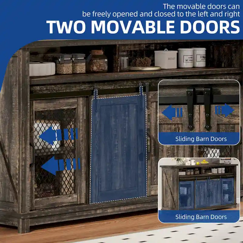 Moasis 63 W Farmhouse Sideboard Buffet Cabinet with 2 Sliding Barn Doors & 2 Visual Grid Doors
