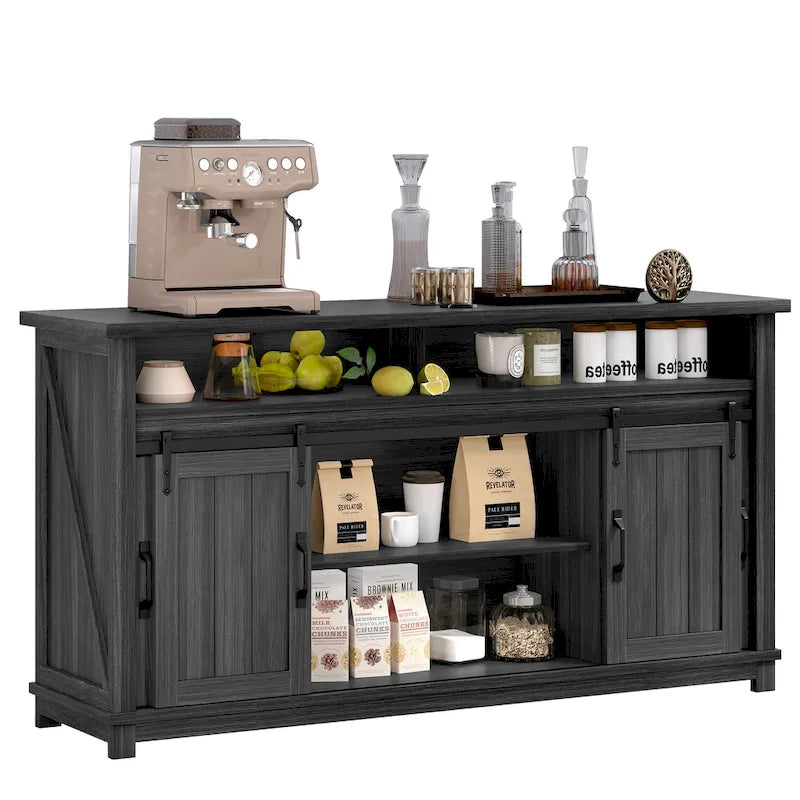 Moasis 63 W Farmhouse Sideboard Buffet Cabinet with 2 Sliding Barn Doors & 2 Visual Grid Doors
