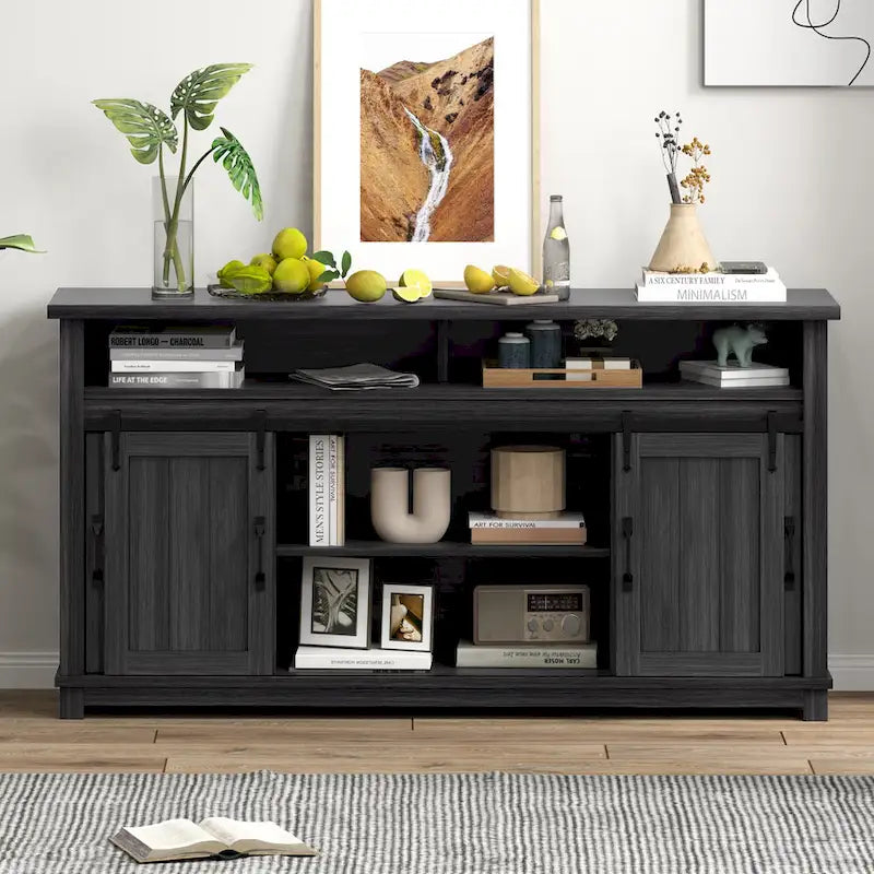 Moasis 63 W Farmhouse Sideboard Buffet Cabinet with 2 Sliding Barn Doors & 2 Visual Grid Doors