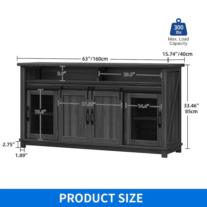Moasis 63 W Farmhouse Sideboard Buffet Cabinet with 2 Sliding Barn Doors & 2 Visual Grid Doors