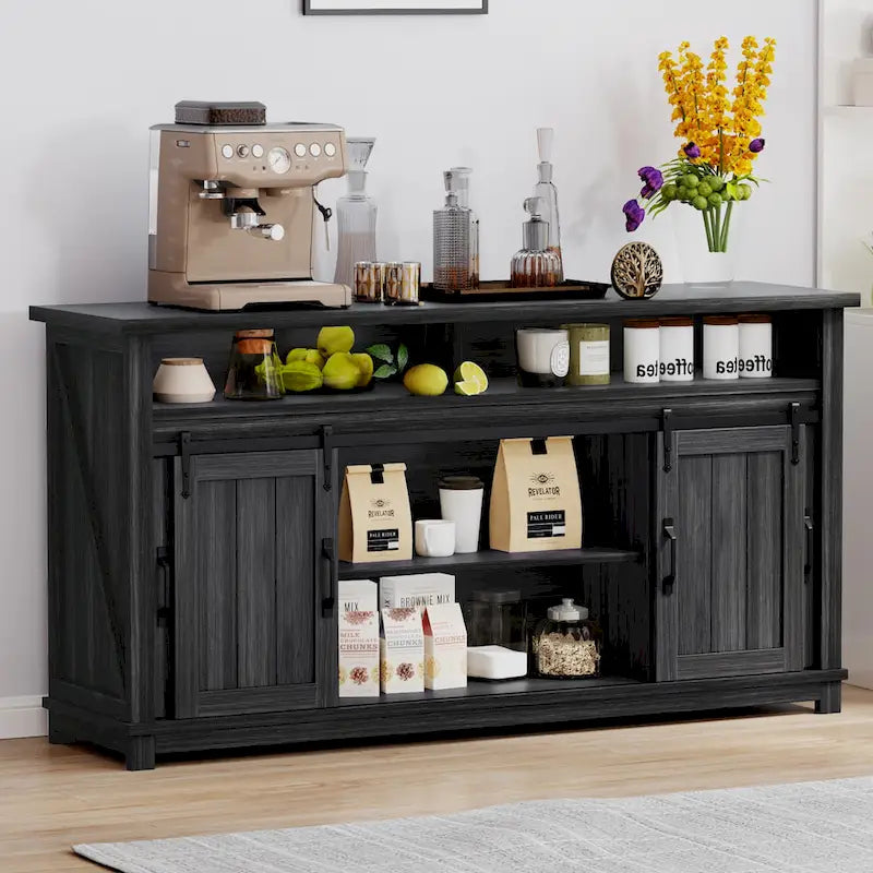 Moasis 63 W Farmhouse Sideboard Buffet Cabinet with 2 Sliding Barn Doors & 2 Visual Grid Doors