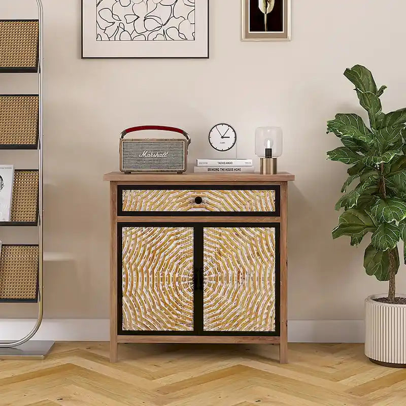 Natural Wood 30.71 in. H Storage Cabinet with Drawers and Doors - 29.53 x 14.17