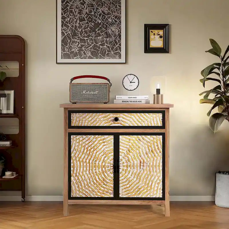 Natural Wood 30.71 in. H Storage Cabinet with Drawers and Doors - 29.53 x 14.17