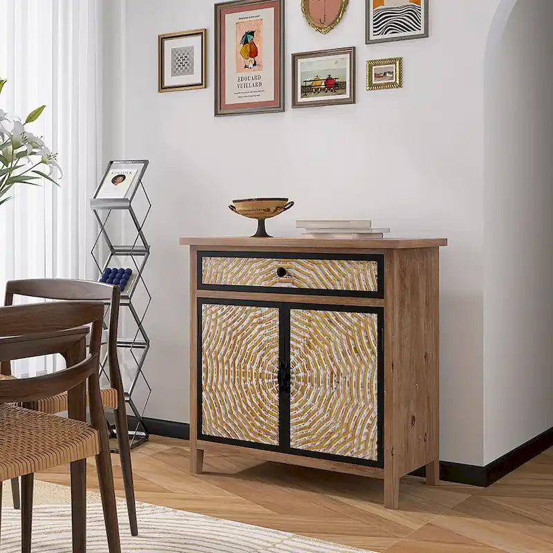 Natural Wood 30.71 in. H Storage Cabinet with Drawers and Doors - 29.53 x 14.17