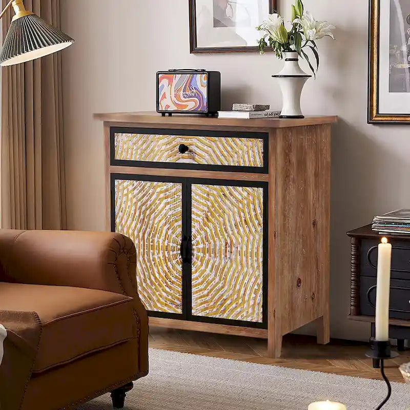 Natural Wood 30.71 in. H Storage Cabinet with Drawers and Doors - 29.53 x 14.17