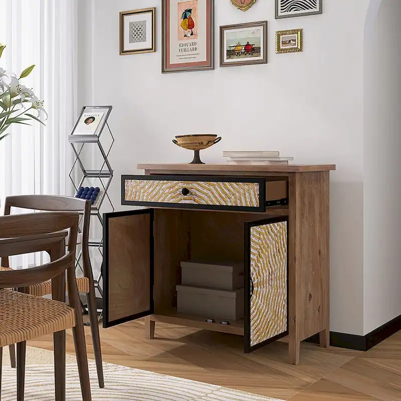 Natural Wood 30.71 in. H Storage Cabinet with Drawers and Doors - 29.53 x 14.17
