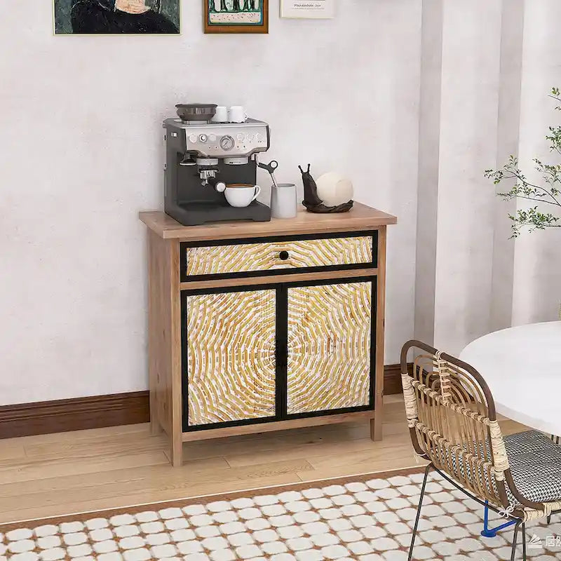 Natural Wood 30.71 in. H Storage Cabinet with Drawers and Doors - 29.53 x 14.17